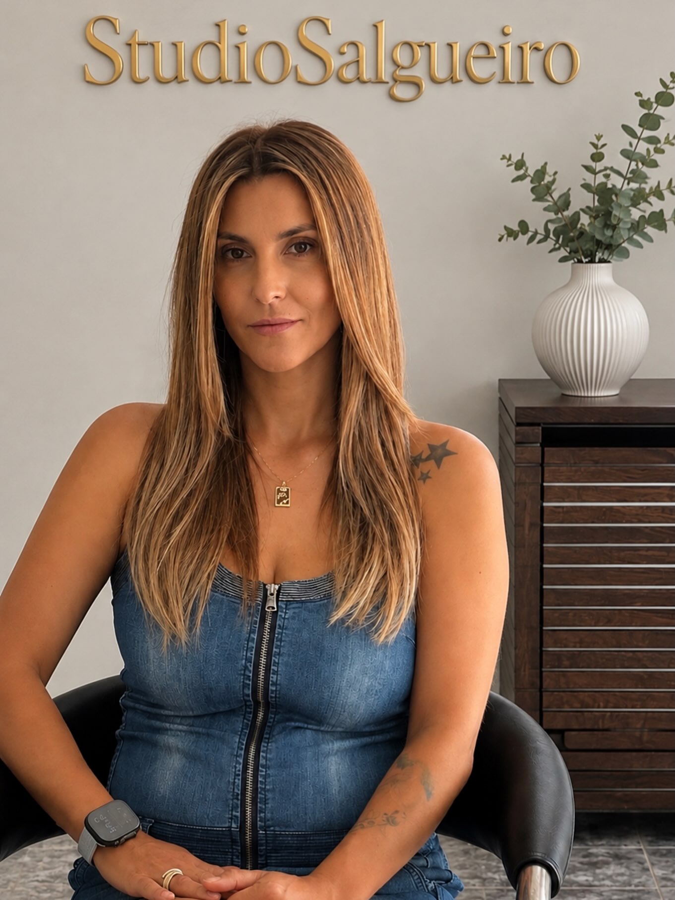 Melena larga castaña con mechas bajo el logo dorado del salón