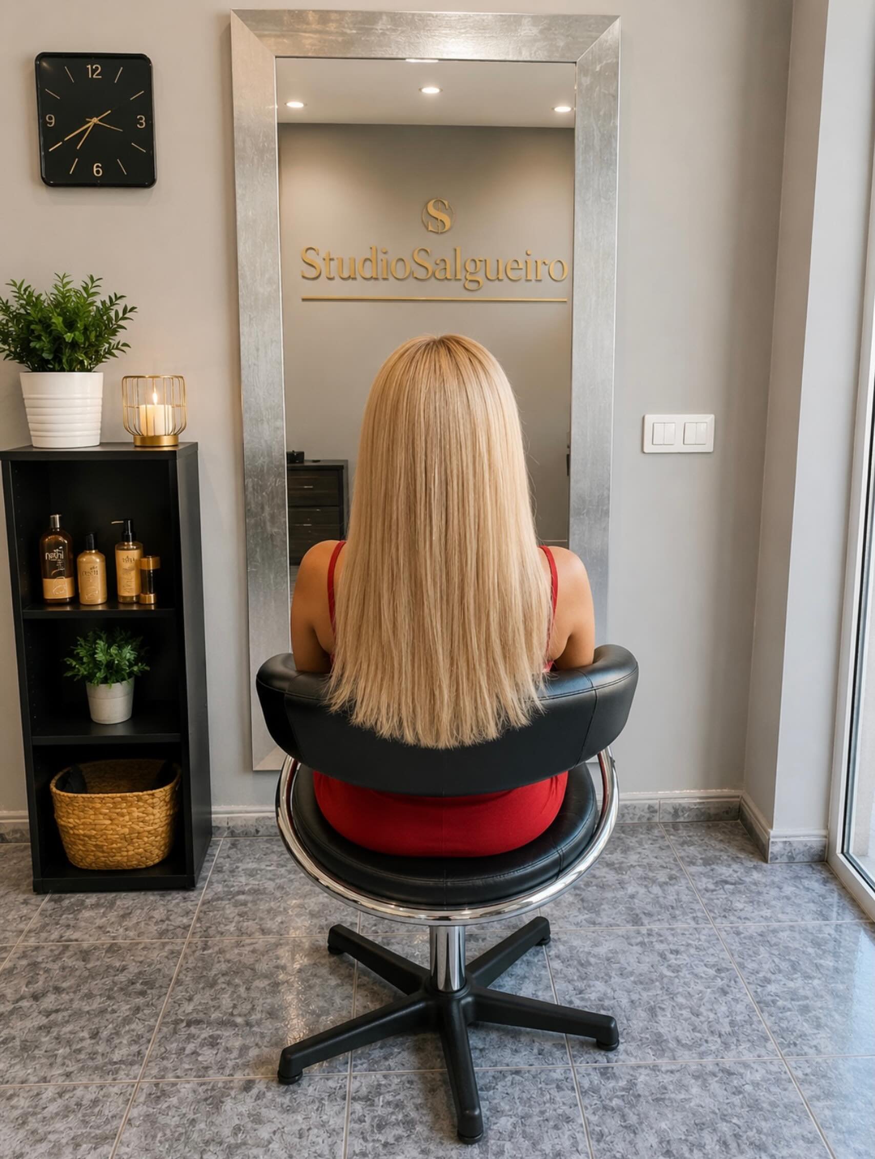 Melena rubia larga frente al espejo con el letrero dorado StudioSalgueiro